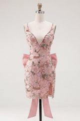 Sparkly Beaded Pink Floral Tight Short V-Neck Homecoming Dress with Bow
