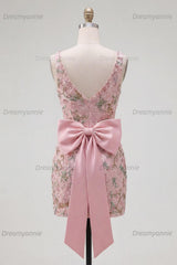Pink Beaded Floral Short Homecoming Dress | V-Neck Bodycon with Bow