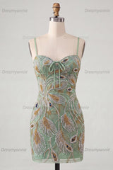 Beaded Sage Green Tight Short Homecoming Dress with Bow