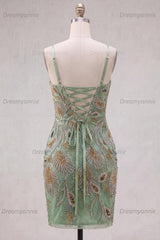 Beaded Sage Green Tight Short Homecoming Dress with Bow