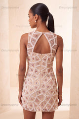 Beaded Sequin Blush Round Neck Tight Short Homecoming Dress