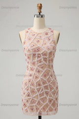 Beaded Sequin Blush Round Neck Tight Short Homecoming Dress