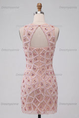 Beaded Sequin Blush Round Neck Tight Short Homecoming Dress