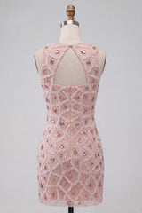 Sparkly Beaded Sequin Blush Round Neck Tight Short Homecoming Dress