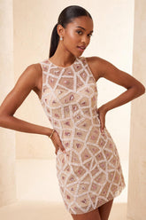 Sparkly Beaded Sequin Blush Round Neck Tight Short Homecoming Dress