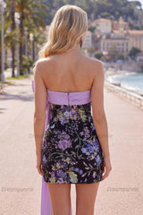 Sparkly Black Strapless Sequin Floral Tight Short Homecoming Dress with Bow