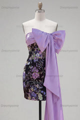 Sparkly Black Strapless Sequin Floral Tight Short Homecoming Dress with Bow