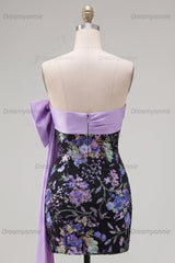 Sparkly Black Strapless Sequin Floral Tight Short Homecoming Dress with Bow