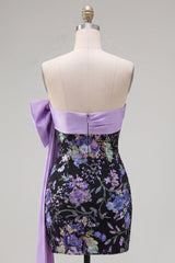 Sparkly Black Floral Tight Short Sequin Strapless Homecoming Dress with Bow
