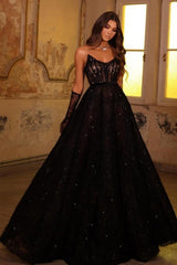 Sparkly Black Prom Dress Strapless A Line Beaded Lace Formal Dress With Rhinestones