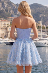Sparkly Blue A Line Short Strapless Corset Floral Beaded Homecoming Dress