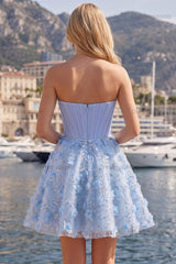 Blue Strapless Floral Beaded A-Line Corset Short Homecoming Dress
