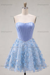 Blue Strapless Floral Beaded A-Line Corset Short Homecoming Dress