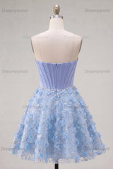 Blue Strapless Floral Beaded A-Line Corset Short Homecoming Dress