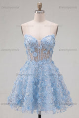 Blue Strapless Floral Beaded A-Line Corset Short Homecoming Dress