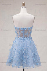 Blue Strapless Floral Beaded A-Line Corset Short Homecoming Dress