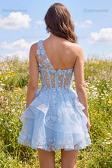 Blue Floral Beaded Keyhole A-Line Corset Short Homecoming Dress with Ruffles