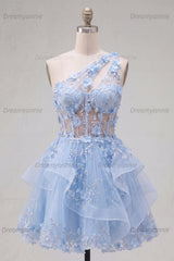 Blue Floral Beaded Keyhole A-Line Corset Short Homecoming Dress with Ruffles