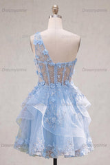 Blue Floral Beaded Keyhole A-Line Corset Short Homecoming Dress with Ruffles