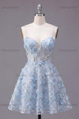 Blue Sequin Floral Spaghetti Straps A-Line Corset Short Homecoming Dress
