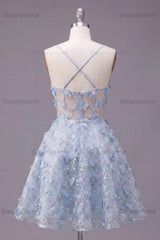 Blue Sequin Floral Spaghetti Straps A-Line Corset Short Homecoming Dress