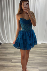 Sparkly Blue Sweetheart Tiered A-Line Corset Short Homecoming Dress with Appliques