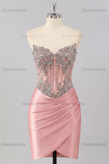 Blush Basque Waist Beaded Ruched Corset Tight Short Homecoming Dress
