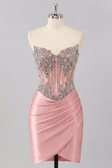 Sparkly Blush Basque Waist Beaded Ruched Corset Tight Short Homecoming Dress