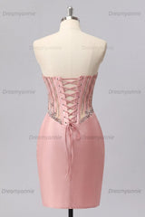 Blush Basque Waist Beaded Ruched Corset Tight Short Homecoming Dress