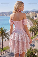 Blush Beaded Corset A-Line Short Homecoming Dress with Ruffles