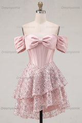 Blush Beaded Corset A-Line Short Homecoming Dress with Ruffles