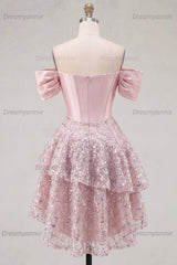 Blush Beaded Corset A-Line Short Homecoming Dress with Ruffles