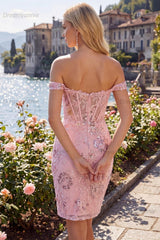 Blush Floral Beaded Corset Tight Short Homecoming Dress