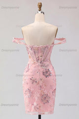 Blush Floral Beaded Corset Tight Short Homecoming Dress