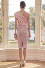 Blush One Shoulder Sequin Bodycon Knee-Length Homecoming Dress with 3D Flowers