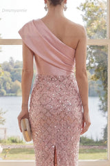 Blush One Shoulder Sequin Bodycon Knee-Length Homecoming Dress with 3D Flowers