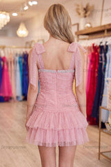 Blush Ruffled Short Homecoming Dress with Bows