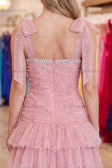 Blush Ruffled Short Homecoming Dress with Bows