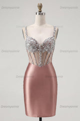 Blush Spaghetti Straps Beaded Corset Tight Short Homecoming Dress
