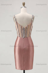 Blush Spaghetti Straps Beaded Corset Tight Short Homecoming Dress