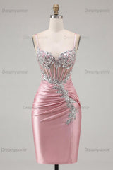 Blush Spaghetti Straps Beaded Tight Corset Short Homecoming Dress