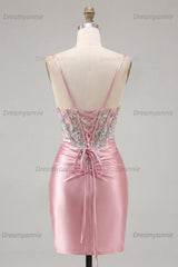 Blush Spaghetti Straps Beaded Tight Corset Short Homecoming Dress