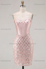 Blush Strapless Beaded Corset Tight Short Homecoming Dress