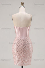 Blush Strapless Beaded Corset Tight Short Homecoming Dress