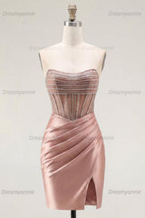 Blush Strapless Ruched Corset Tight Short Homecoming Dress with Slit