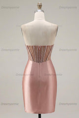 Blush Strapless Ruched Corset Tight Short Homecoming Dress with Slit