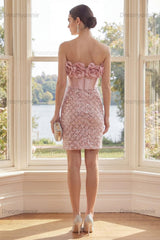 Blush Strapless Sequin Corset Short Homecoming Dress with 3D Flowers