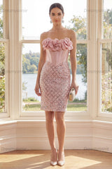 Blush Strapless Sequin Corset Short Homecoming Dress with 3D Flowers