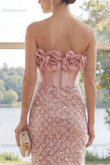 Blush Strapless Sequin Corset Short Homecoming Dress with 3D Flowers