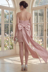 Blush Strapless Sequin Corset Tight Short Homecoming Dress with Bow